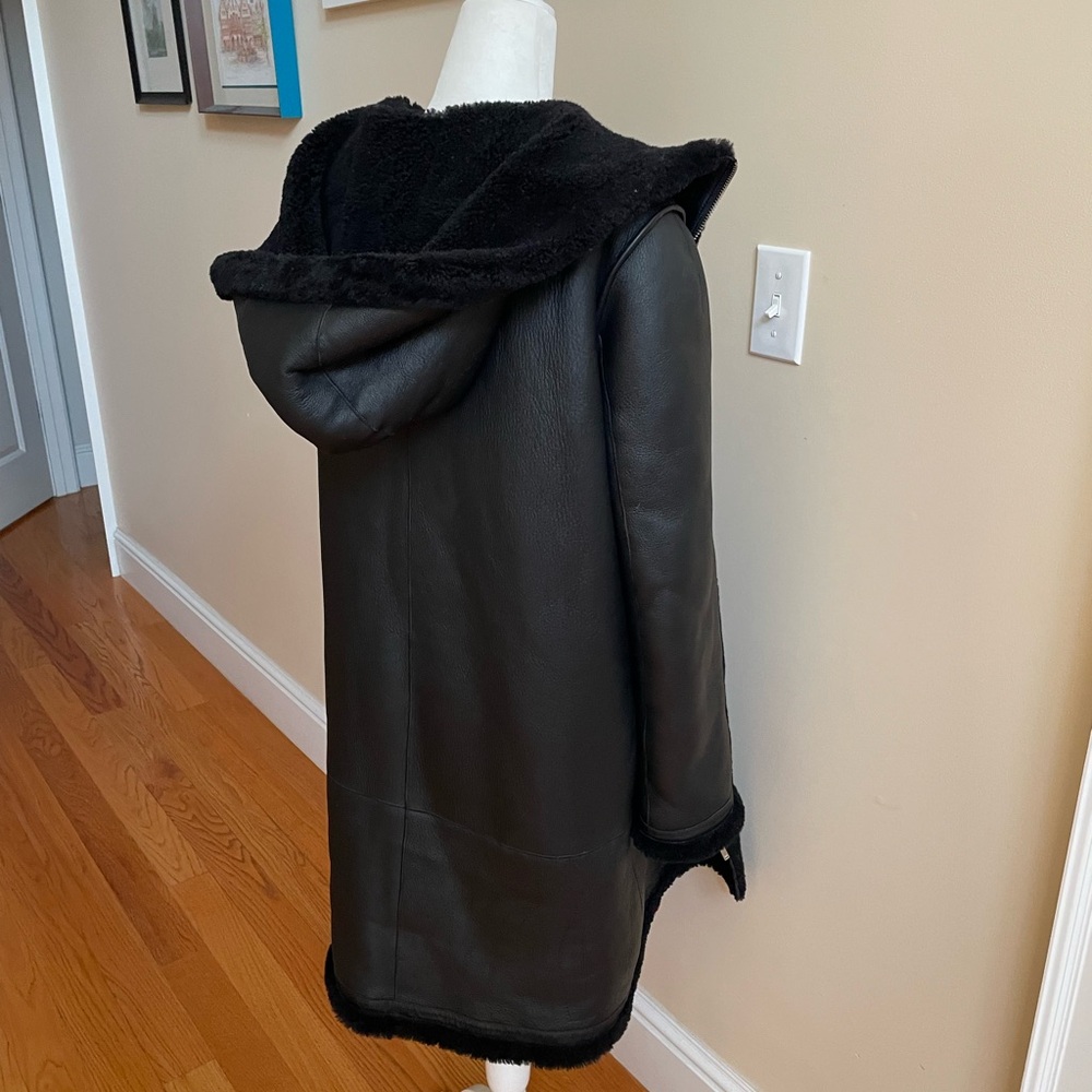 Black Reversible Hooded Leather/Shearling Coat from Maje - Picture 2 of 13